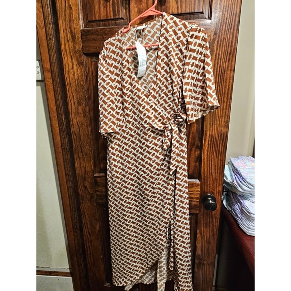 Silk & Salt Womens Brown Geometric Chain Link Wrap Midi Dress NWT Large